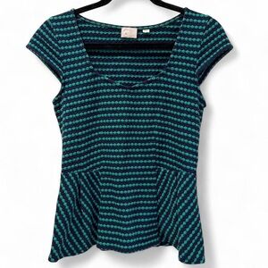 Postmark Anthropologie Green and Navy Textured Peplum Top-Size S
